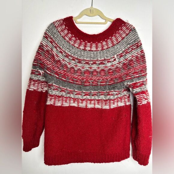 NEW ICELANDIC 100% WOOL BIG SWEATER HAND MADE size M fisherman red white unisex - Picture 10 of 17